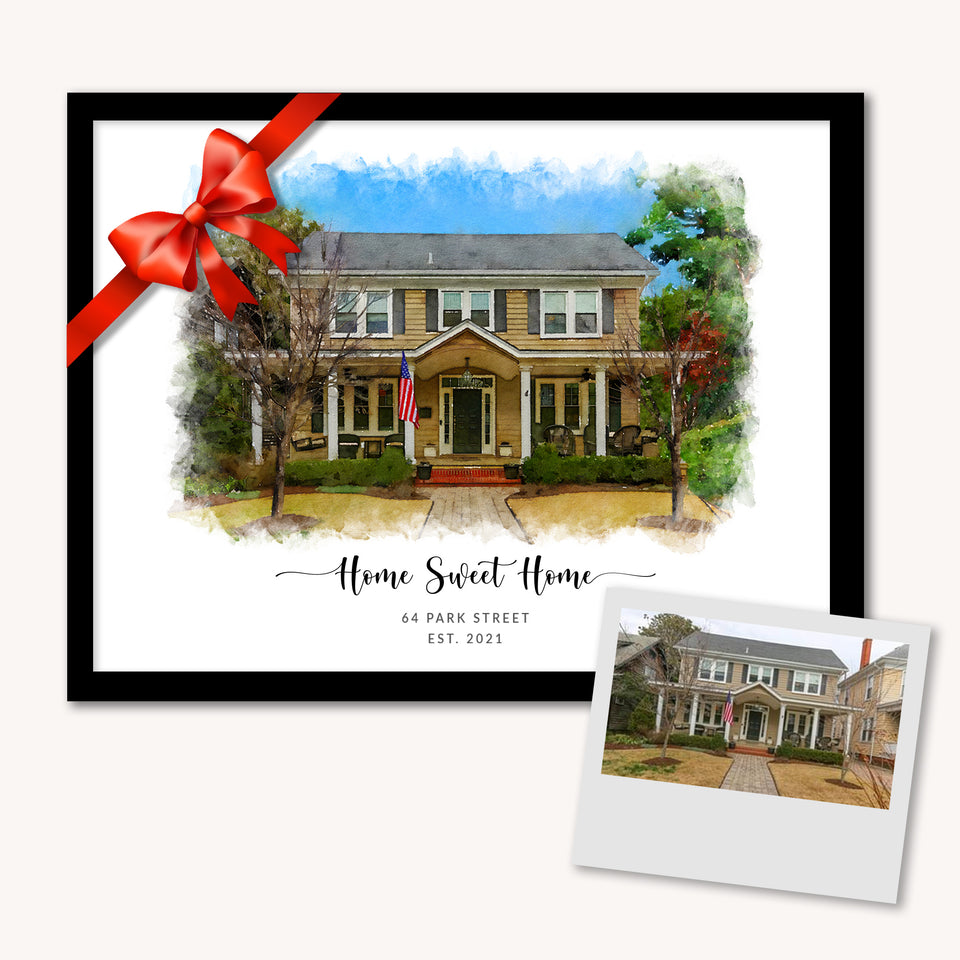 A framed portrait of a house, titled Home Sweet Home and tied with a red bow, beside the photo it was made from