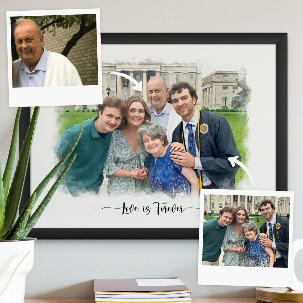 Watercolor-style portrait of a family of five in a black frame beside two reference photos, with 'Love is Forever' below
