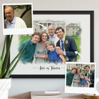 Watercolor-style portrait of a family of five in a black frame beside two reference photos, with 'Love is Forever' below