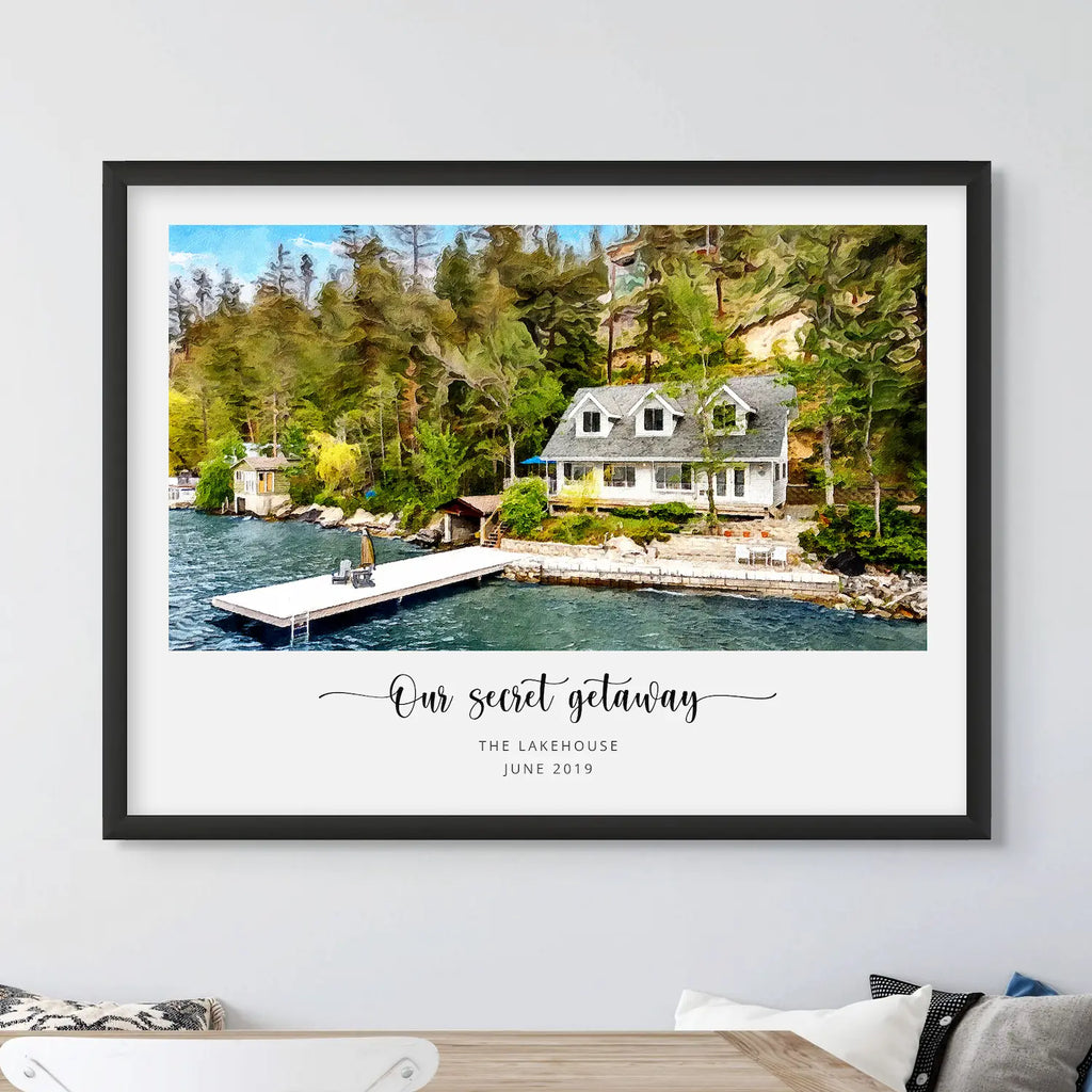 Oil-style portrait of a white lake house beside a wooden dock in a black frame, 'Our secret getaway', 'The Lakehouse'