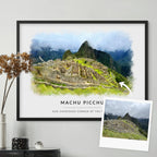 A photo of Machu Picchu with an arrow to its watercolor-style portrait of the ruins, framed in black