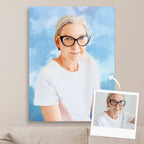 Oil-style portrait of a woman in cat-eye glasses on canvas against a blue sky, beside its reference photo