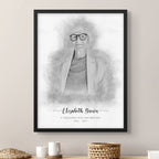 Sketch-style memorial portrait of a woman in round glasses and a blazer, framed in black above baskets and candles