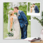 Oil-style canvas portrait of a couple kissing outdoors, with a small snapshot of the same moment at top right