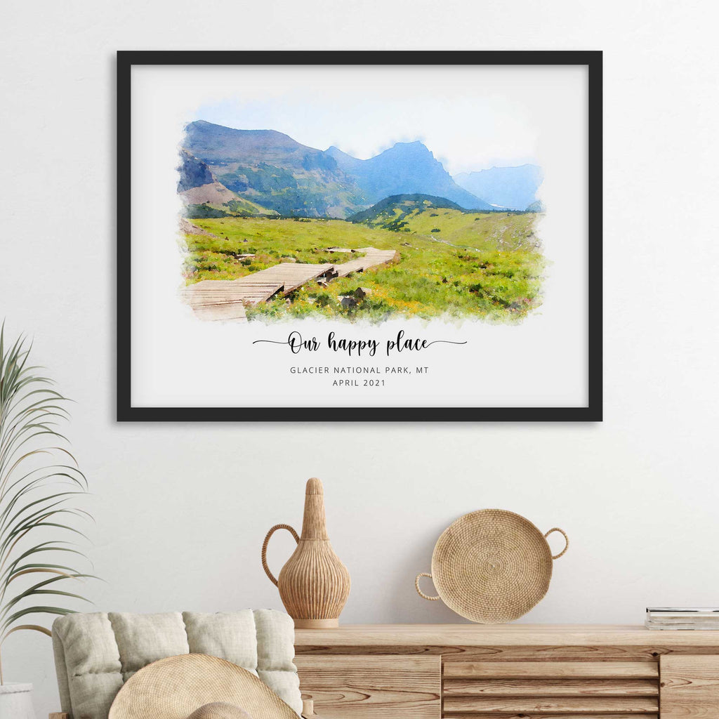 Watercolor-style portrait of a boardwalk across a mountain meadow, 'Our happy place', framed in black